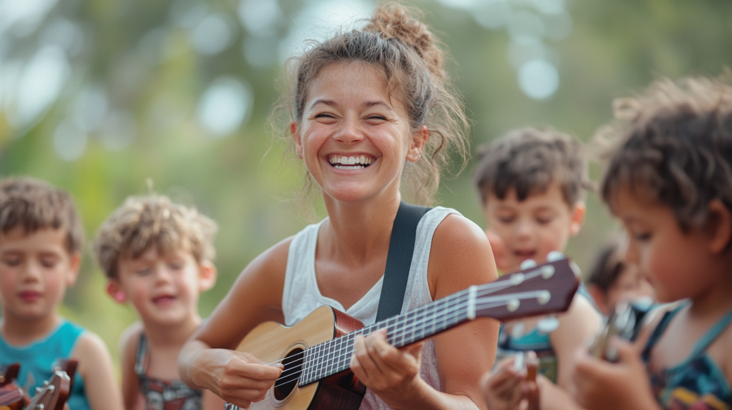 Happy children trying to learn ukulele.
