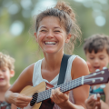 Happy woman teaching children to play the ukulele.