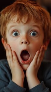 Surprised child trying to learn ukulele