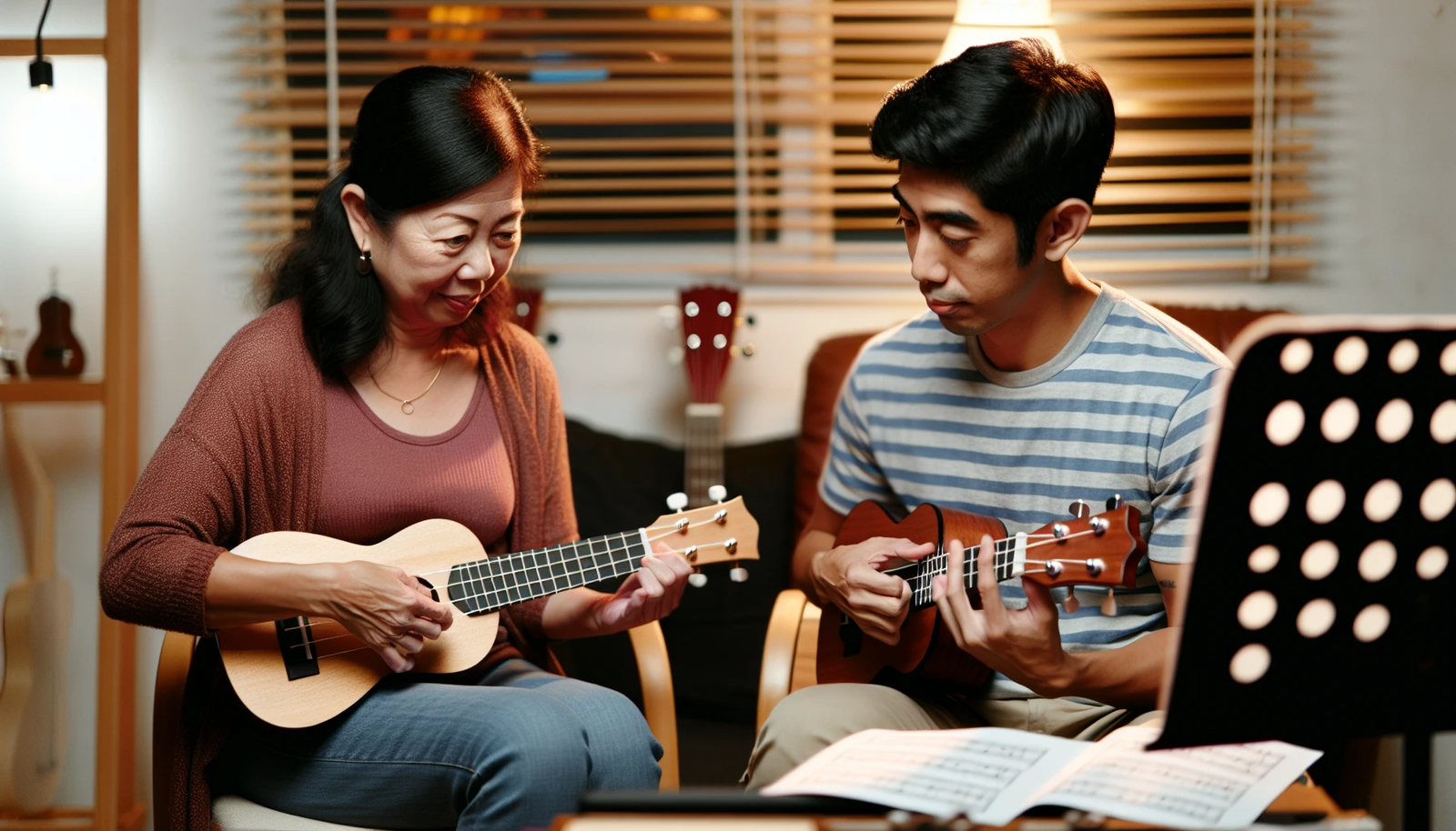 mother and son learn to play ukulele songs