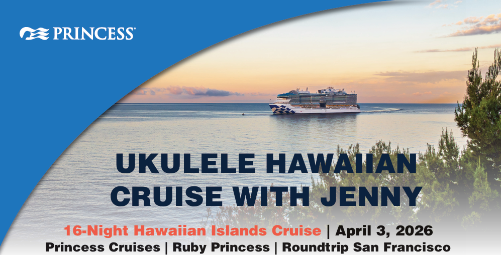 Cruise ship at sunset; 16-night ukulele Hawaiian cruise with Jenny, April 3, 2026.